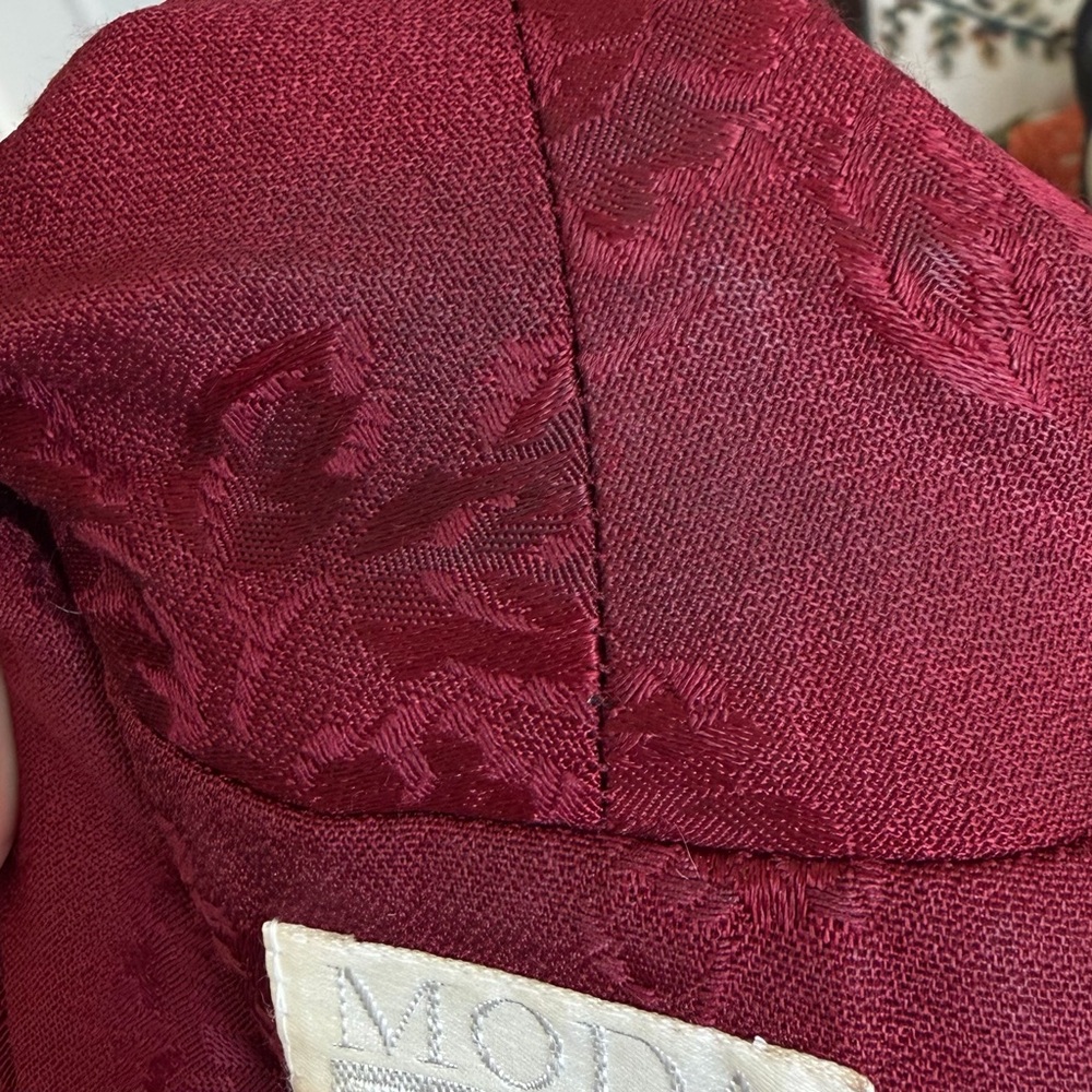 Moda International VTG 90s burgundy red floral long duster blazer size 8 - Picture 10 of 14